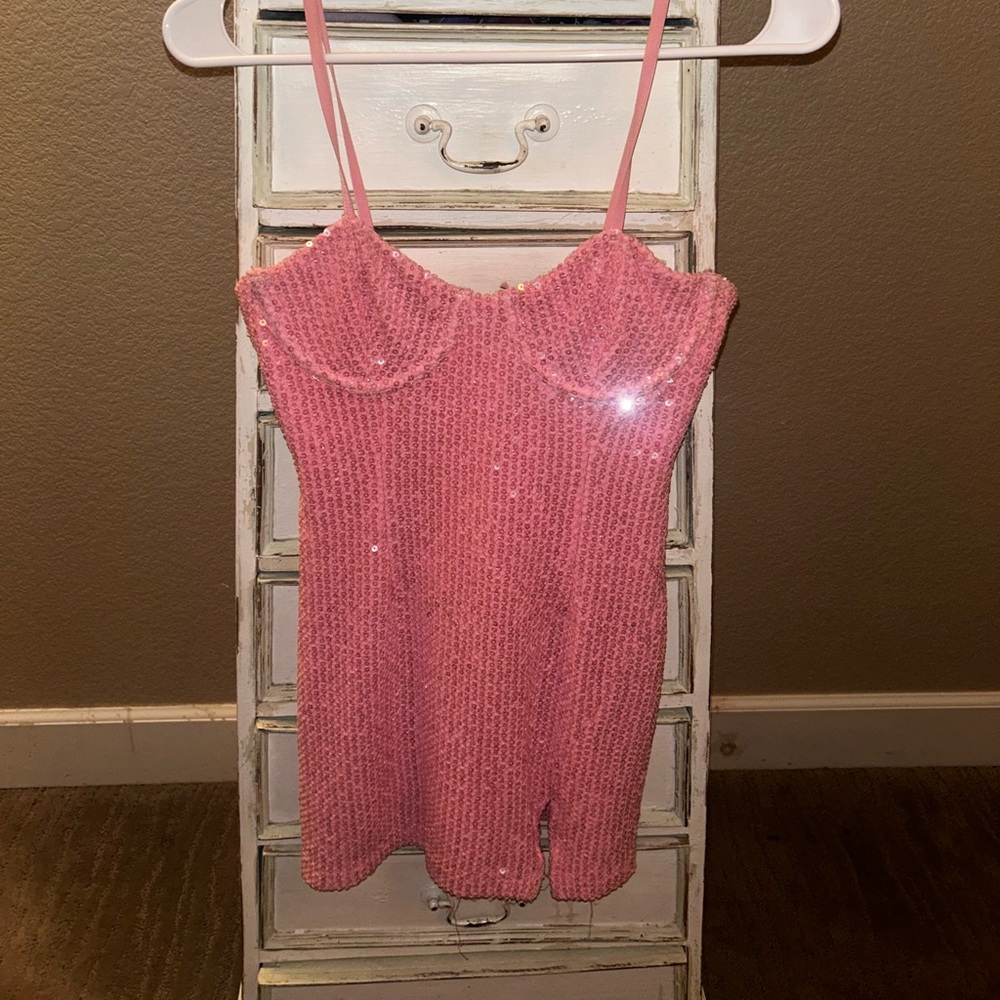 White fox pink sequin dress